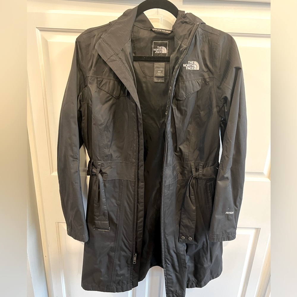 Black Northface long raincoat, size M